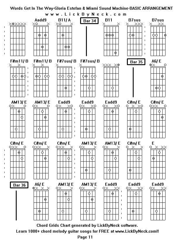 Chord Grids Chart of chord melody fingerstyle guitar song-Words Get In The Way-Gloria Estefan & Miami Sound Machine-BASIC ARRANGEMENT,generated by LickByNeck software.